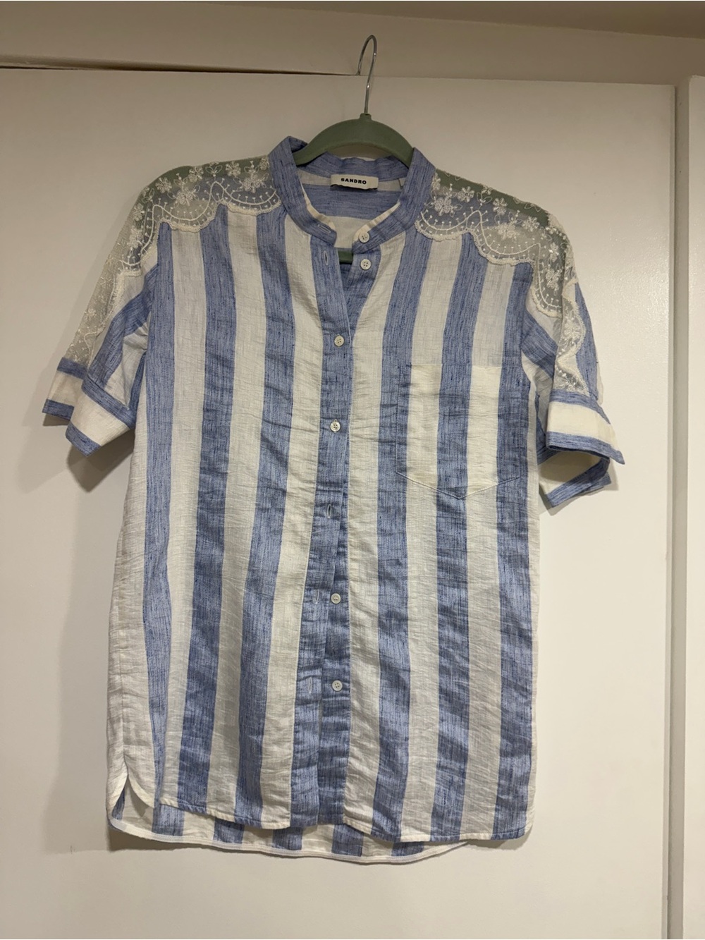 Sandro Blue & White Striped Short-Sleeve Button-Front Shirt with Lace Yoke